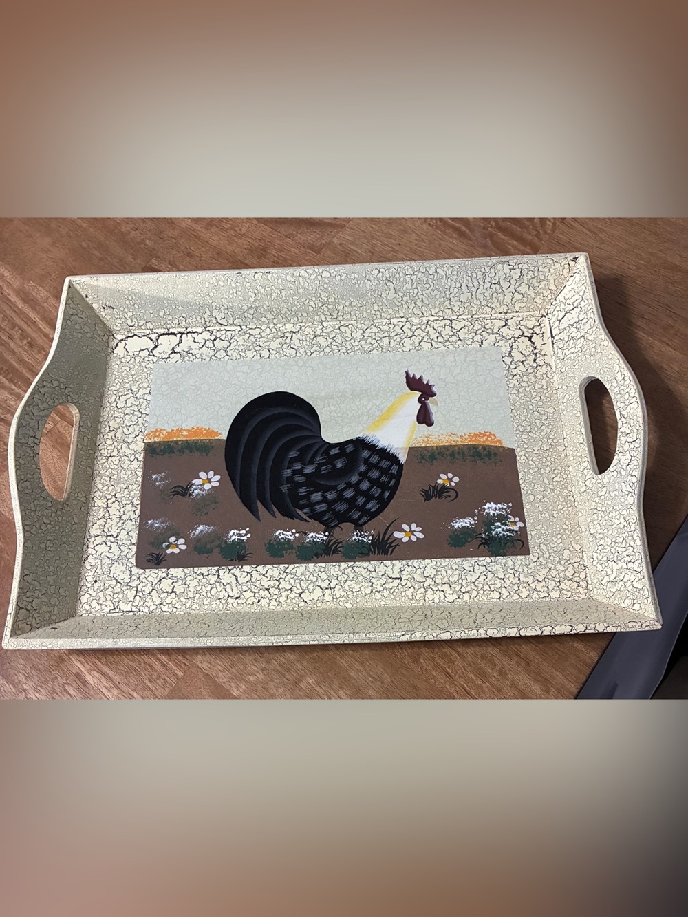 Cream Crackle Rooster Serving Tray - Home Dining